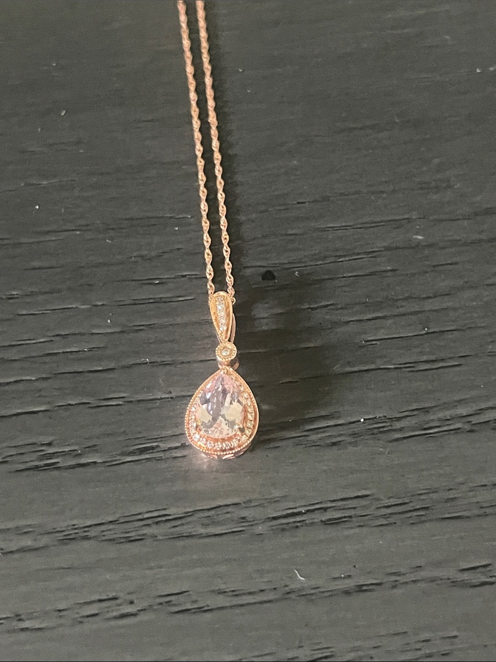 Delicate Rose Gold Teardrop Morganite Pendant Necklace with Halo Accent - Picture 2 of 3